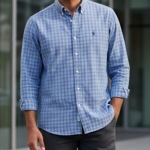 Vintage 90s Ralph Lauren Yarmouth Blue Plaid Button Down 100% Cotton 16.5 32/34